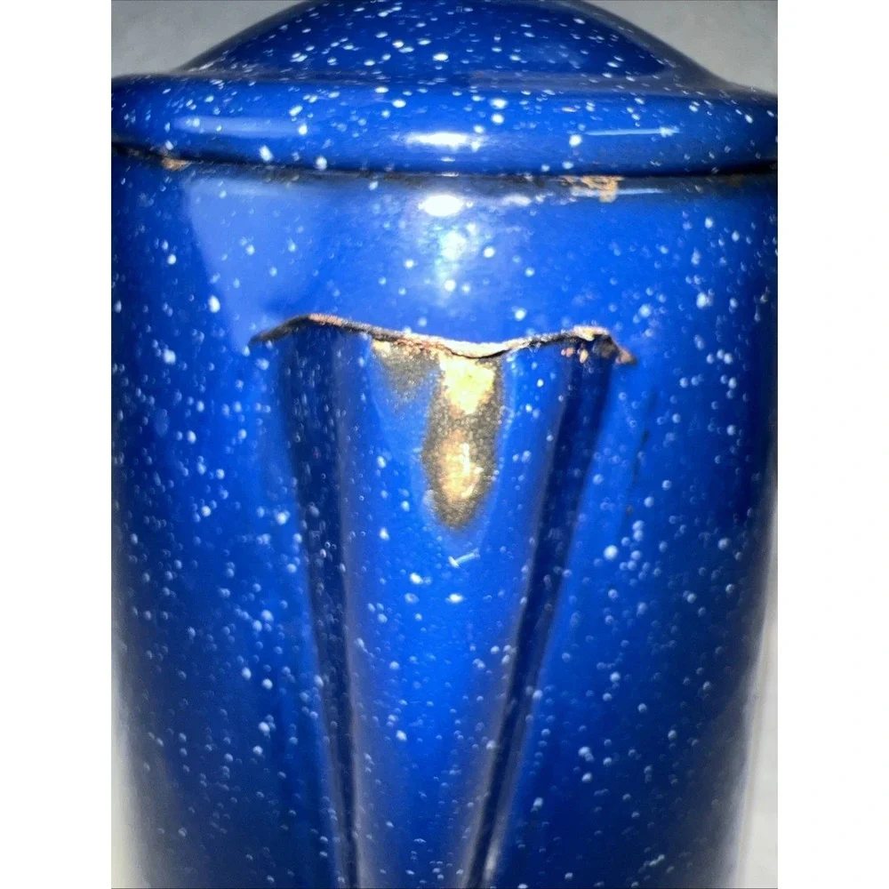 Vintage Blue Speckled Enamel Coffee Pot Campfire Cowboy Kettle Rustic Camping